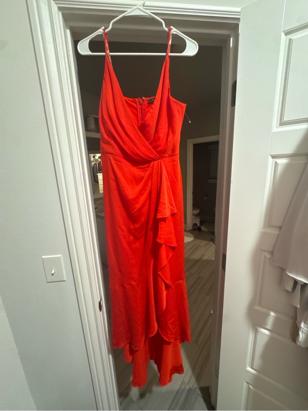 BCBGMAXAZRIA Asymmetrical Ruffle Faux Wrap Maxi Dress Red High Low Gown 8